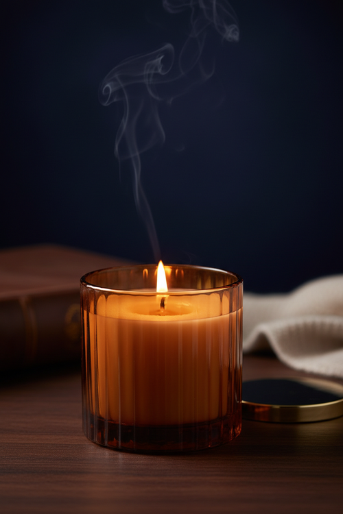 Golden Hour luxury amber glass candle with lit flame, moody dark background