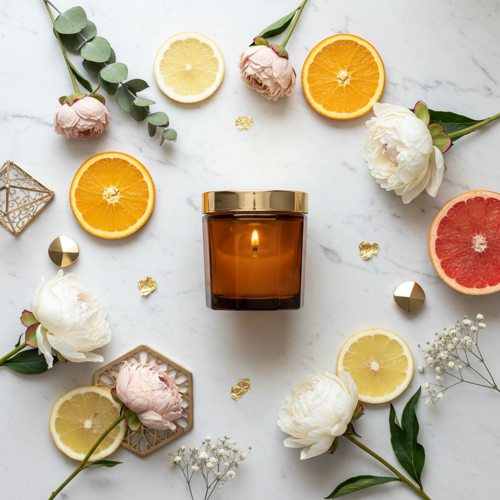 Golden Hour candle flat lay on marble with citrus, dried flowers and gold accents